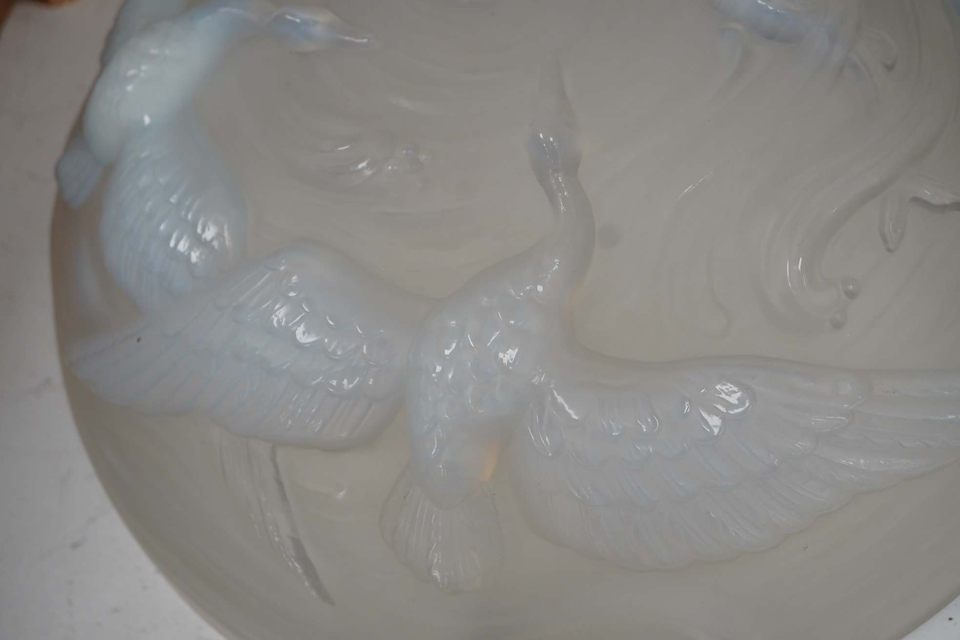 A Lalique style glass plaffonier, decorated with birds and fish, 39cm diameter. Condition - good